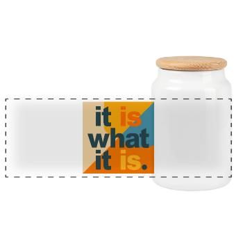 It Is What It Is – Typo Collage Pop Art - Panoramic Cookie Jar with Wooden Lid - white - Front