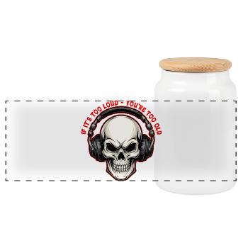 Skull with Headphones Bold Graphic Design  - Panoramic Cookie Jar with Wooden Lid - white - Front