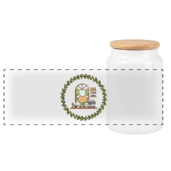 Chat barista dans une couronne de feuilles - Boîte à biscuits avec couvercle en bois - blanc - Devant