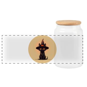 Cat spook in the witch's hat - Panoramic Cookie Jar with Wooden Lid - white - Front