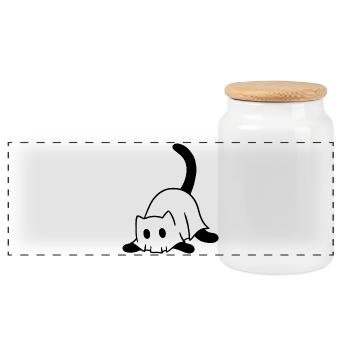 Cat in Ghost Costume – Halloween Motif - Panoramic Cookie Jar with Wooden Lid - white - Front