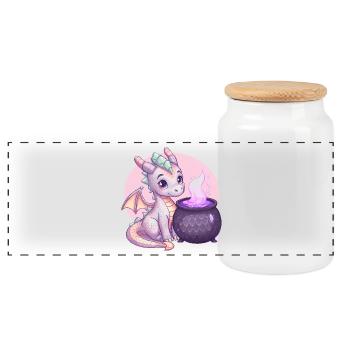 Cute Dragon with Magic Cauldron – Fantasy Art - Panoramic Cookie Jar with Wooden Lid - white - Front