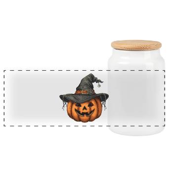 Halloween Kürbis mit Hexenhut - Panorama Keksdose mit Holzdeckel - Weiß - Vorne