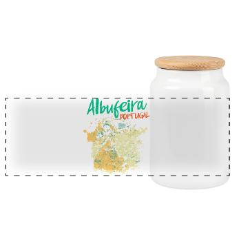 Peneco Albufeira beach illustration Algarve - Panoramic Cookie Jar with Wooden Lid - white - Front