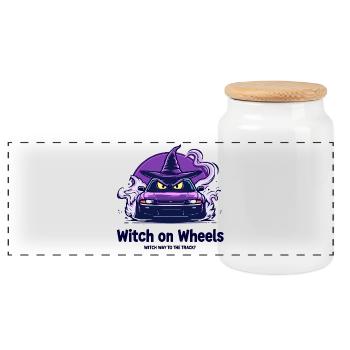 Logo de la sorcière sur roues - Boîte à biscuits avec couvercle en bois - blanc - Devant