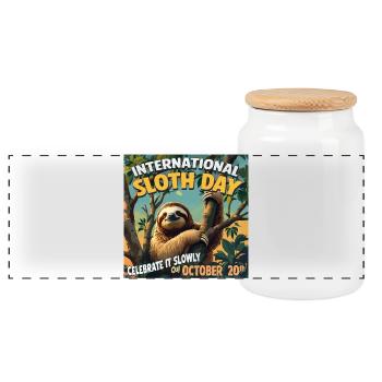 October 20 – International Sloth Day - Panoramic Cookie Jar with Wooden Lid - white - Front