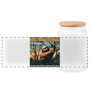 October 20 – International Sloth Day - Panoramic Cookie Jar with Wooden Lid - white - Front
