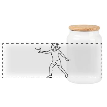 Discgolf Spielerin Skizze – minimalistisches Motiv - Panorama Keksdose mit Holzdeckel - Weiß - Vorne
