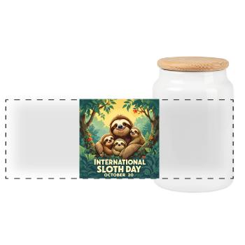 International Sloth Day Family - Panoramic Cookie Jar with Wooden Lid - white - Front
