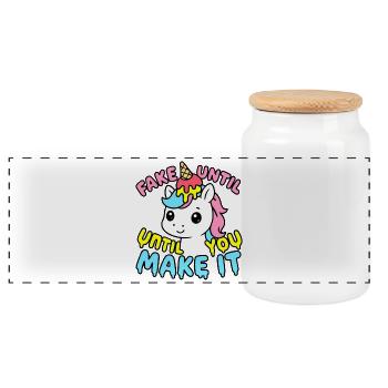 Süßes Kawaii Einhorn – Fake It Until You Make It - Panorama Keksdose mit Holzdeckel - Weiß - Vorne