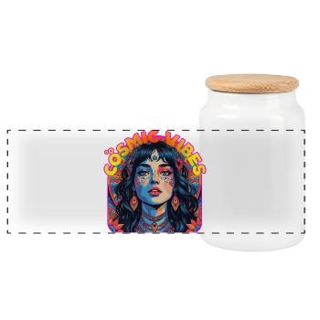 EDM Kandi Cosmic Vibes Trance Rave Festival - Panoramic Cookie Jar with Wooden Lid - white - Front