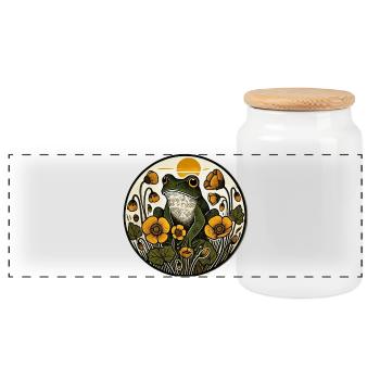 Sonnenbeschienener Frosch in goldenen Blüten - Panorama Keksdose mit Holzdeckel - Weiß - Vorne