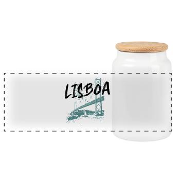 25 April Bridge in Lisbon, blue illustration - Panoramic Cookie Jar with Wooden Lid - white - Front