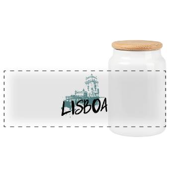 Belem Tower in Lisbon, Turquoise Silhouette - Panoramic Cookie Jar with Wooden Lid - white - Front