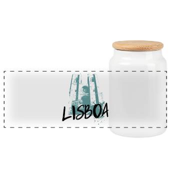 Tram and Cathedral, Lisbon blue illustration - Panoramic Cookie Jar with Wooden Lid - white - Front