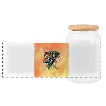Floral Tiger Lady with Watch - Panoramic Cookie Jar with Wooden Lid - white - Front