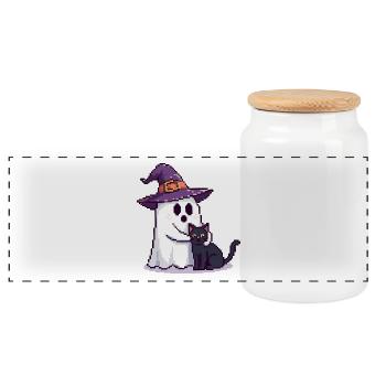 Pixel Ghost with Witch Hat & Cat – Halloween - Panoramic Cookie Jar with Wooden Lid - white - Front