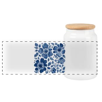 Floral pattern with denim texture – stylish design - Panoramic Cookie Jar with Wooden Lid - white - Front
