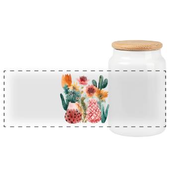 Watercolor Cacti & Flowers – Pastel Nature Aesthetics - Panoramic Cookie Jar with Wooden Lid - white - Front