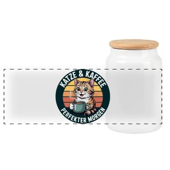 Cat Coffee Retro Morning - Panoramic Cookie Jar with Wooden Lid - white - Front