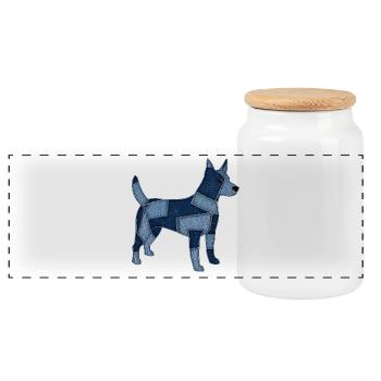 Patchwork Hund aus Jeansstoff - Panorama Keksdose mit Holzdeckel - Weiß - Vorne