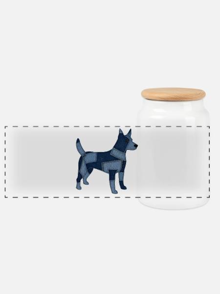 Patchwork Hund aus Jeansstoff - Panorama Keksdose mit Holzdeckel - Weiß