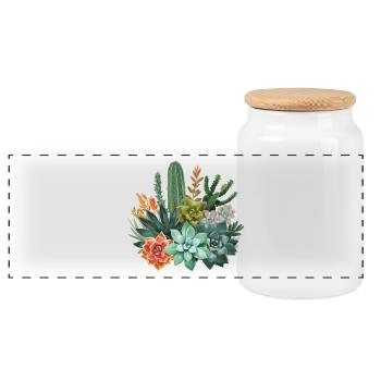 Succulents & Cacti Watercolor Composition - Panoramic Cookie Jar with Wooden Lid - white - Front