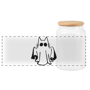 Cat in Ghost Costume – Funny Halloween Motif - Panoramic Cookie Jar with Wooden Lid - white - Front