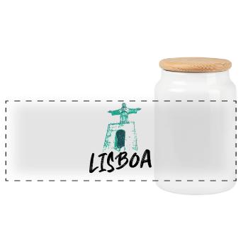 Christ the King in Lisbon blue illustration - Panoramic Cookie Jar with Wooden Lid - white - Front