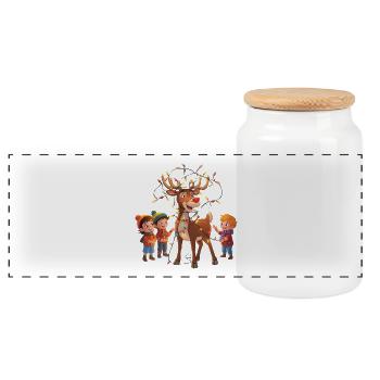 Reindeer with fairy lights and children - Panoramic Cookie Jar with Wooden Lid - white - Front