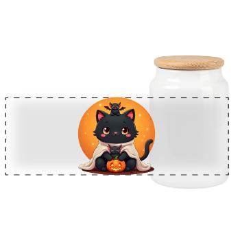 Halloween Cat with Halloween Pumpkin - Panoramic Cookie Jar with Wooden Lid - white - Front