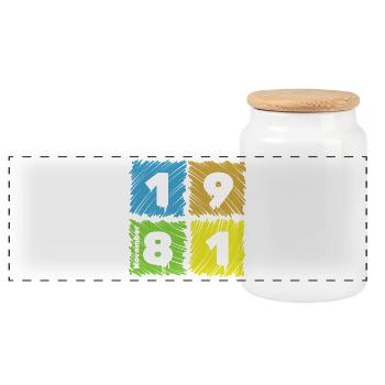 44. Geburtstag Farbige Patches since 11/1981 - Panorama Keksdose mit Holzdeckel - Weiß - Vorne