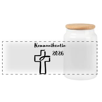 Communicant 2026 Initial Communication Fish Cross - Panoramic Cookie Jar with Wooden Lid - white - Front