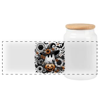 Cute Floral Ghost Witch with Pumpkin - Panoramic Cookie Jar with Wooden Lid - white - Front