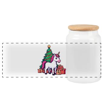 Pixel Unicorn & Christmas Tree Retro Art - Panoramic Cookie Jar with Wooden Lid - white - Front