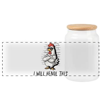 Cool Chicken with Sunglasses, I Will Hendl This - Panoramic Cookie Jar with Wooden Lid - white - Front