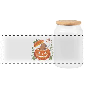 Capybara Pumpkin - Funny Halloween T-Shirt - Panoramic Cookie Jar with Wooden Lid - white - Front