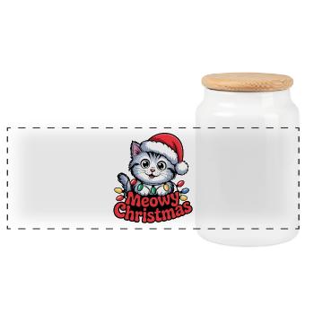 Christmas Cat – Meowy Christmas Cute Holiday - Panoramic Cookie Jar with Wooden Lid - white - Front