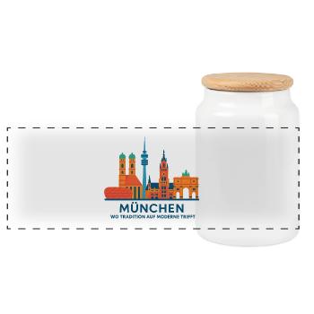 München Skyline: Tradition trifft Moderne - Panorama Keksdose mit Holzdeckel - Weiß - Vorne