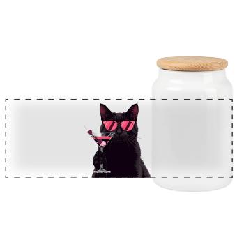 Schwarze Katze mit Pinkem Martini Cartoon - Panorama Keksdose mit Holzdeckel - Weiß - Vorne