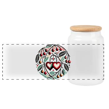 Heart Circle with Cherry Vines - Panoramic Cookie Jar with Wooden Lid - white - Front