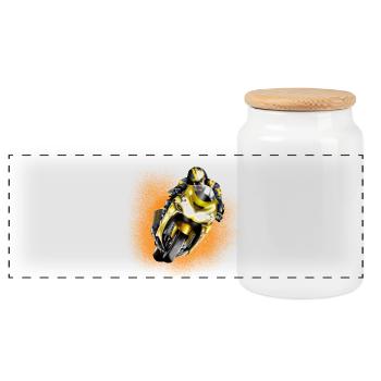 Yellow Racer on Motorcycle - Panoramic Cookie Jar with Wooden Lid - white - Front