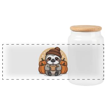 Cuddly Sloth with Pumpkins Autumn - Panoramic Cookie Jar with Wooden Lid - white - Front