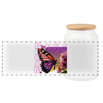 Schmetterling mit Spruch - Bloom in yourself - Panorama Keksdose mit Holzdeckel - Weiß - Vorne