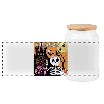 Cute Halloween Skeleton with Candy - Panoramic Cookie Jar with Wooden Lid - white - Front