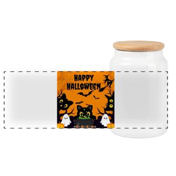 Cute Halloween Black Cats and Ghost Friends - Panoramic Cookie Jar with Wooden Lid - white - Front