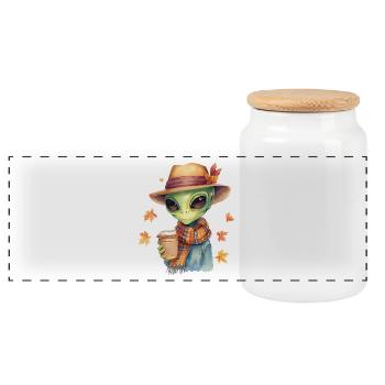 Hipster Alien with Coffee – Autumn Vibes - Panoramic Cookie Jar with Wooden Lid - white - Front