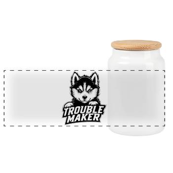Troublemaker – Husky Puppy Portrait - Panoramic Cookie Jar with Wooden Lid - white - Front