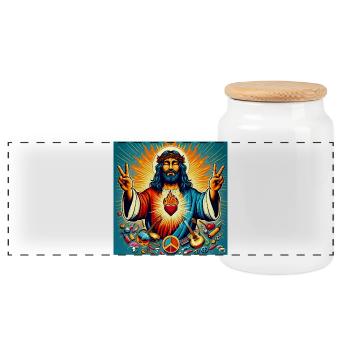 Paix psychédélique - Jésus, cœur brûlant - Boîte à biscuits avec couvercle en bois - blanc - Devant