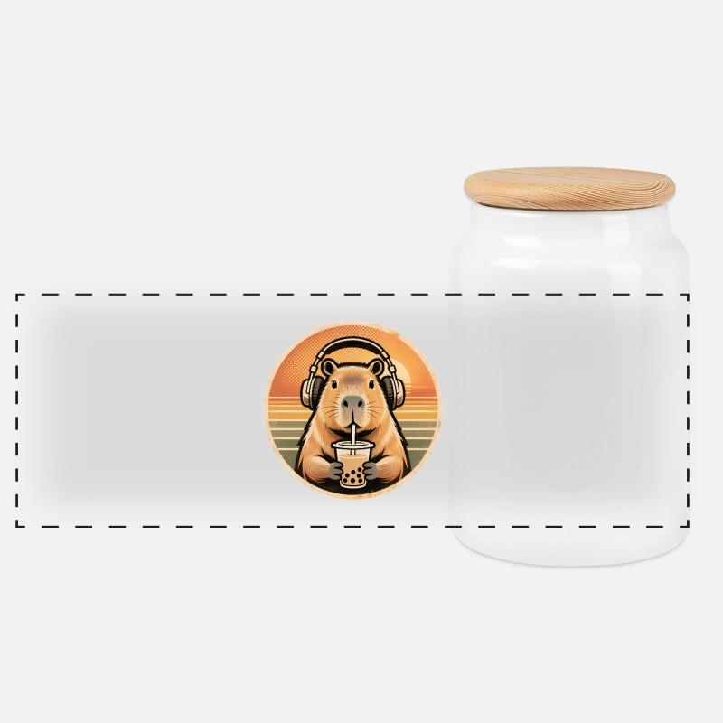 Süßes Capybara Bubble Tea Kawaii Tier Geschenk - Panorama Keksdose mit Holzdeckel - Weiß